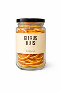 Citrus Huis dried orange slices in a jar, showing vibrant orange color and thin, circular slices ideal for snacks or decor.