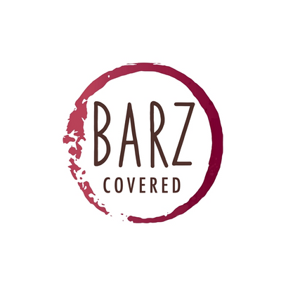 BARZ COVERED logo with maroon circular design and textured edge